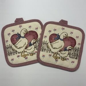 Vintage Mauve Pink Geese Pot Holder Set Goose w/ Blue Bow Cottagecore Grannycore